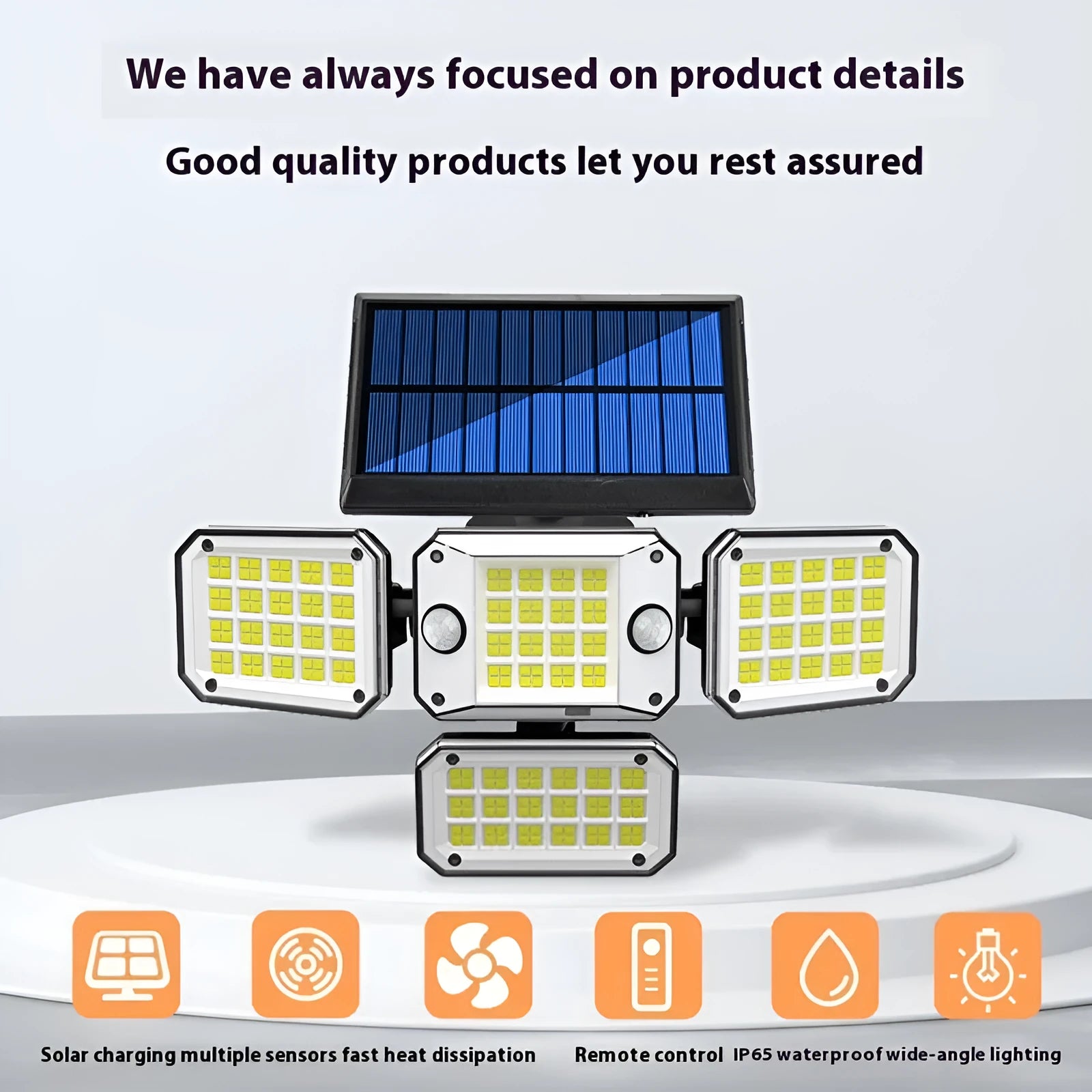 White solar-powered outdoor garden lamp with motion sensor on a black stake.