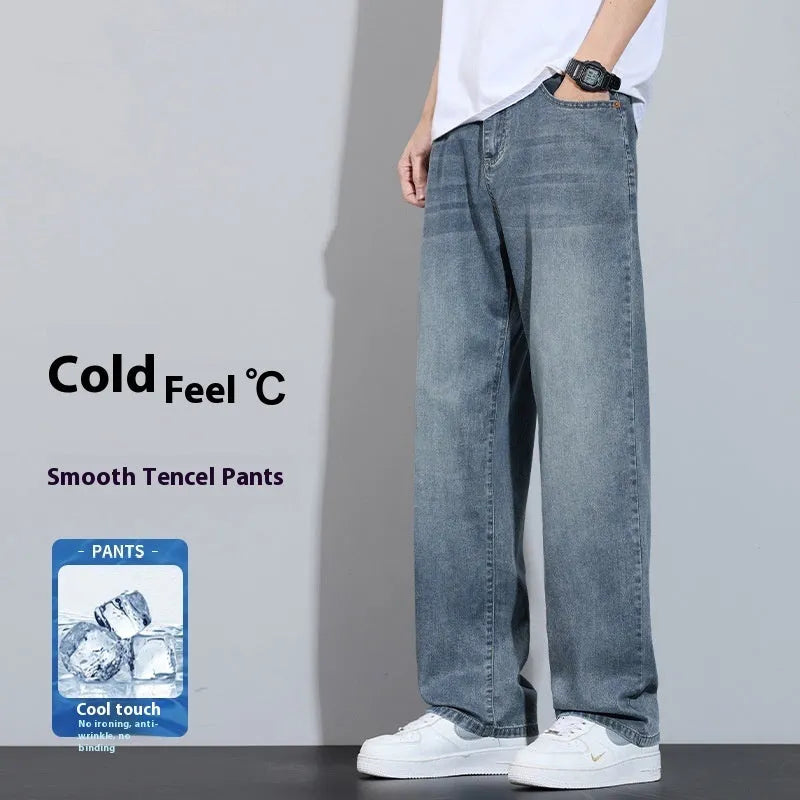 Straight-leg casual trousers in denim fabric with wide-leg design and zip fly opening