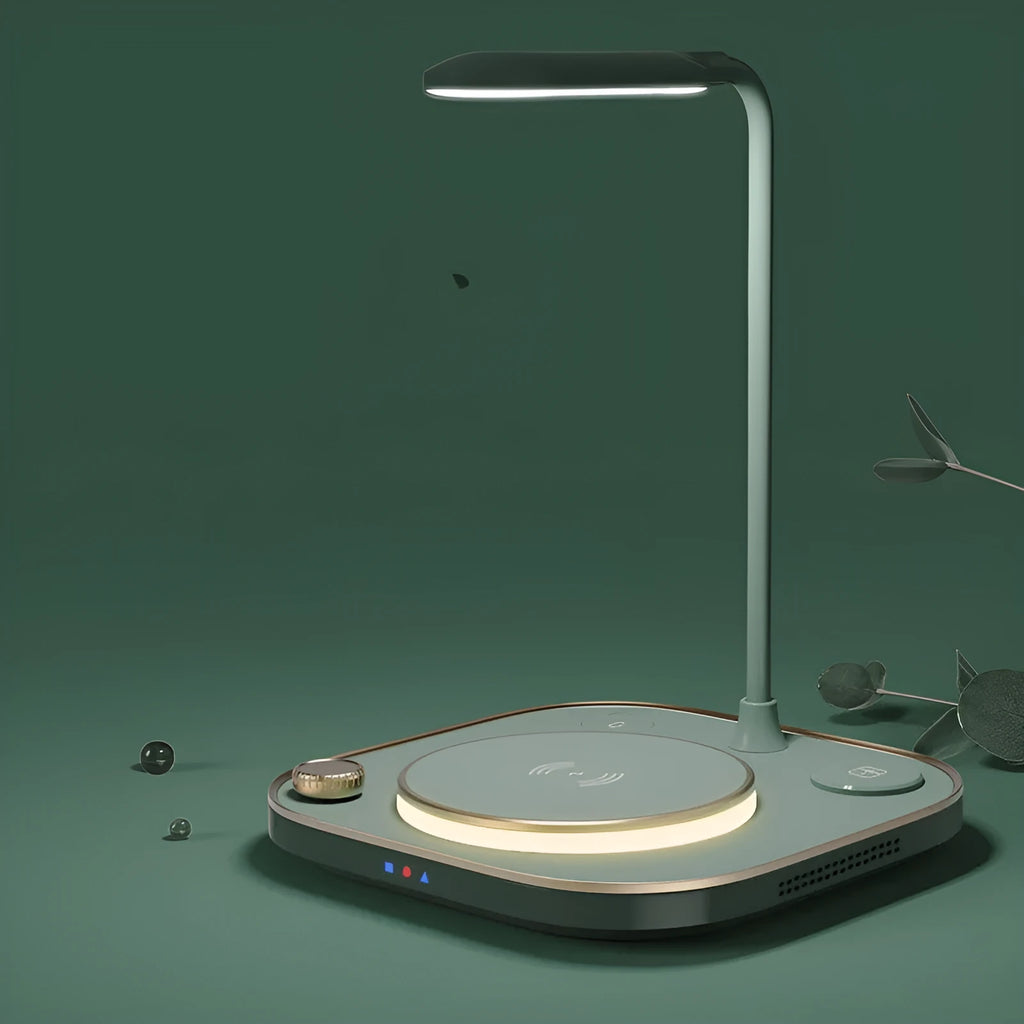 Three-in-one wireless magnetic charger with 15W fast charging and desk lamp in black, green or white
