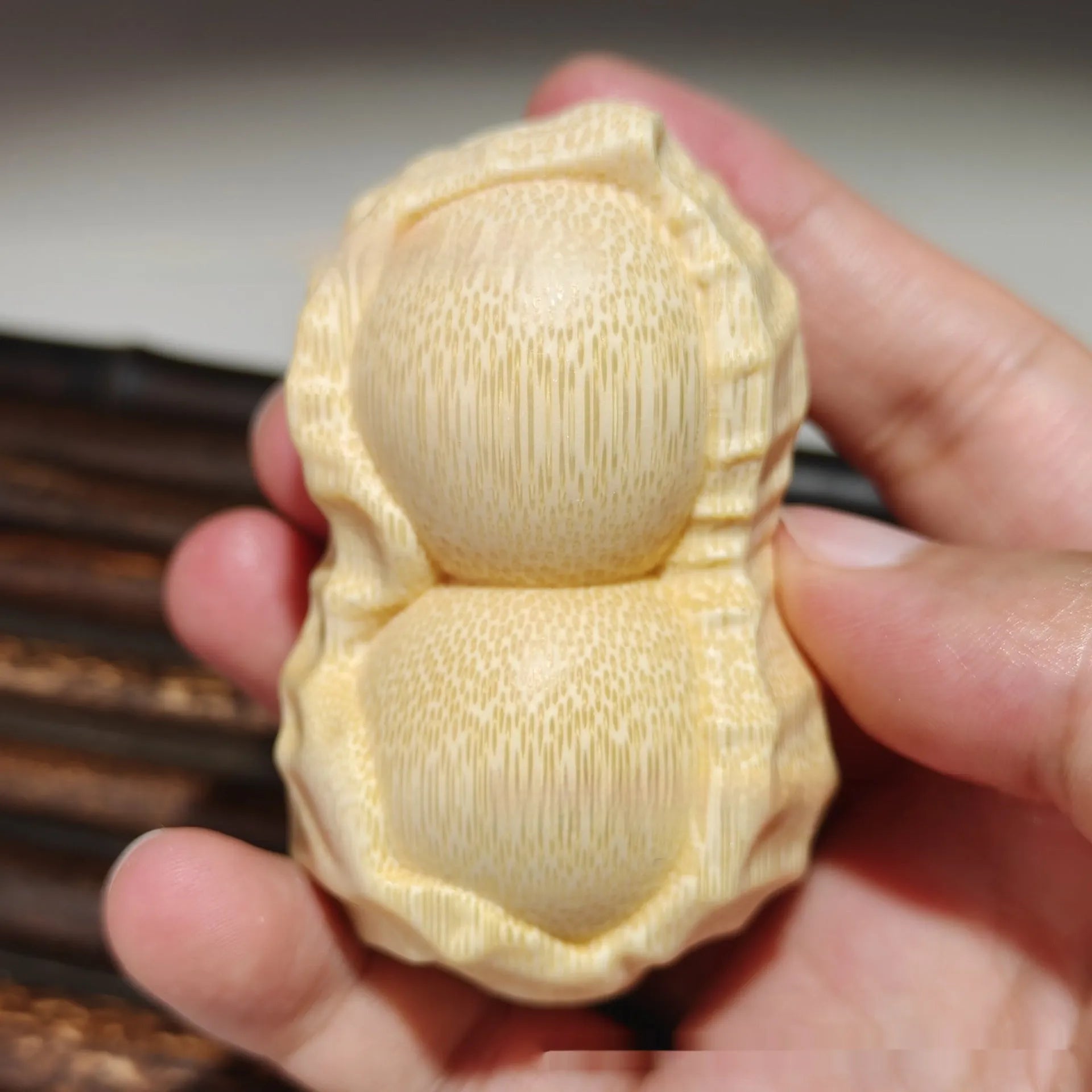 Solid bamboo carving peanut ornament with engraved good luck message for home decoration