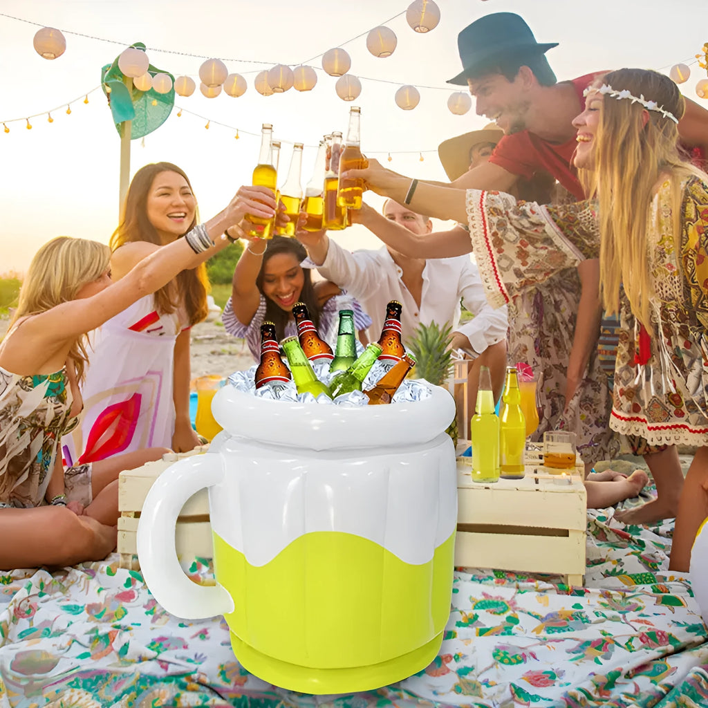 Yellow inflatable PVC ice bucket for outdoor parties and portable drink cooling.