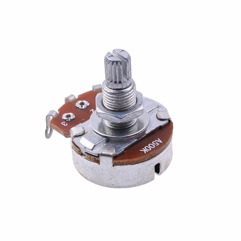 A single metal control knob for an electric guitar potentiometer.