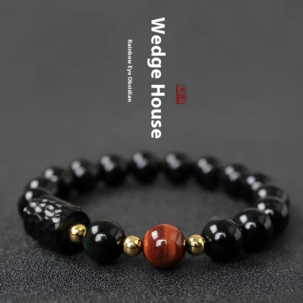 Handmade obsidian bracelet with 10mm tiger eye agate beads in unisex design