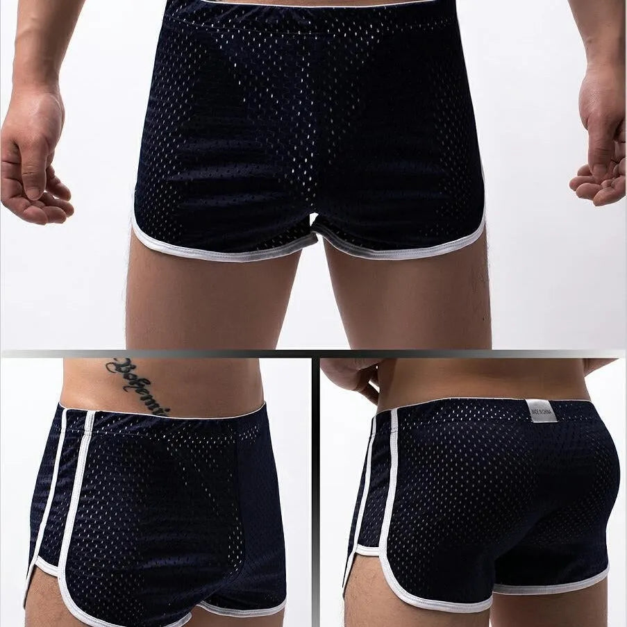 Men's breathable cotton nylon boxer shorts in mid waist style on a white background.