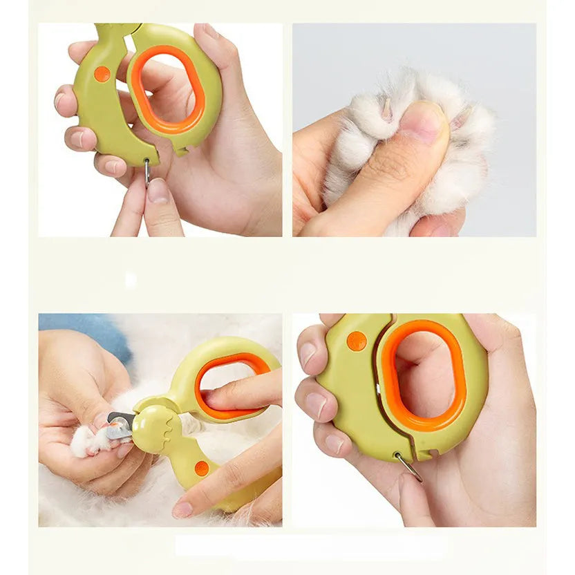Blue pet nail clipper with LED light on, showing ergonomic handles and stainless steel blade.