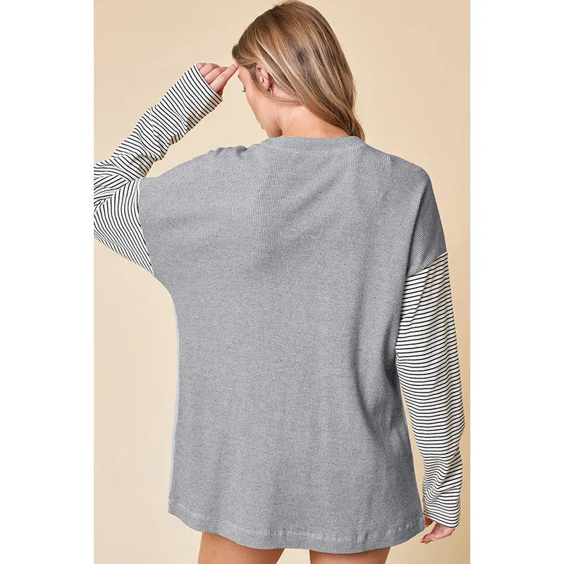 Women's multi-pocket long sleeve striped cardigan regular fit medium length polyester fabric