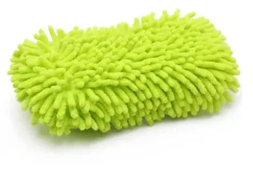 Silvery green car wash sponge showing microfiber chenille texture and 14x25cm dimensions