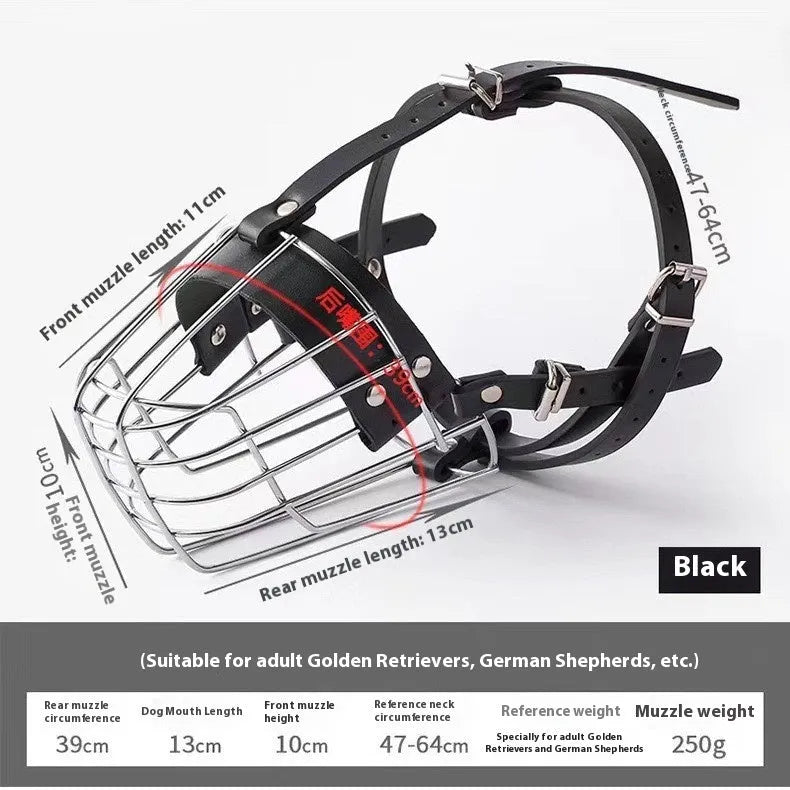 Black metal dog muzzle designed for Golden Retrievers and German Shepherds