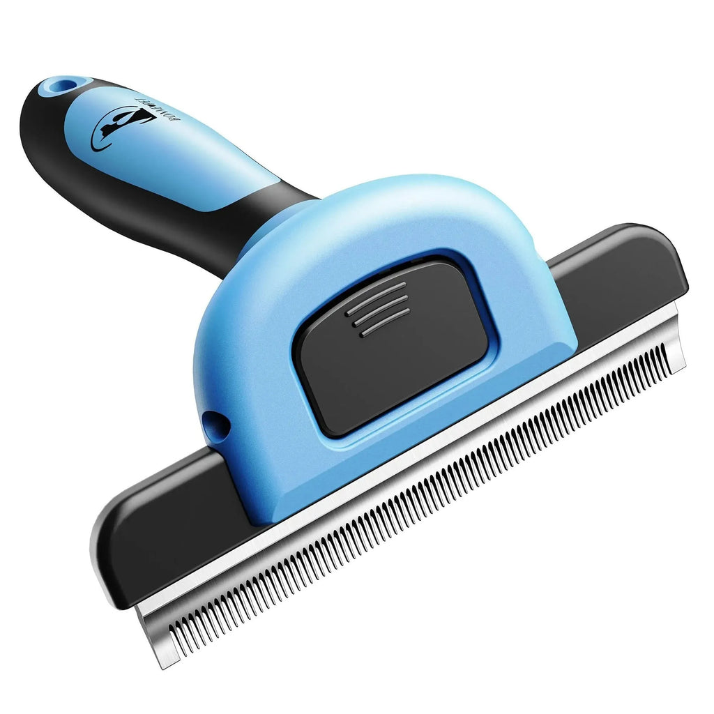 Blue or yellow dog grooming comb with stainless steel untangling blades and plastic handle