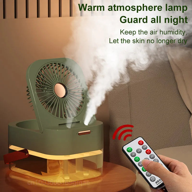 White desktop mist fan with humidifier tank and remote control on a wooden desk.