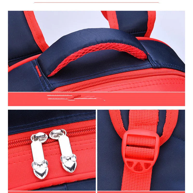 Blue children's cartoon backpack with pencil case, showing front print and adjustable straps.