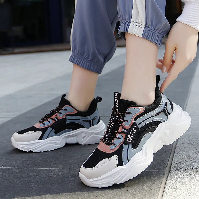 White and moonlight women's mesh casual sports shoes with thick sole, buckle detail, and round toe