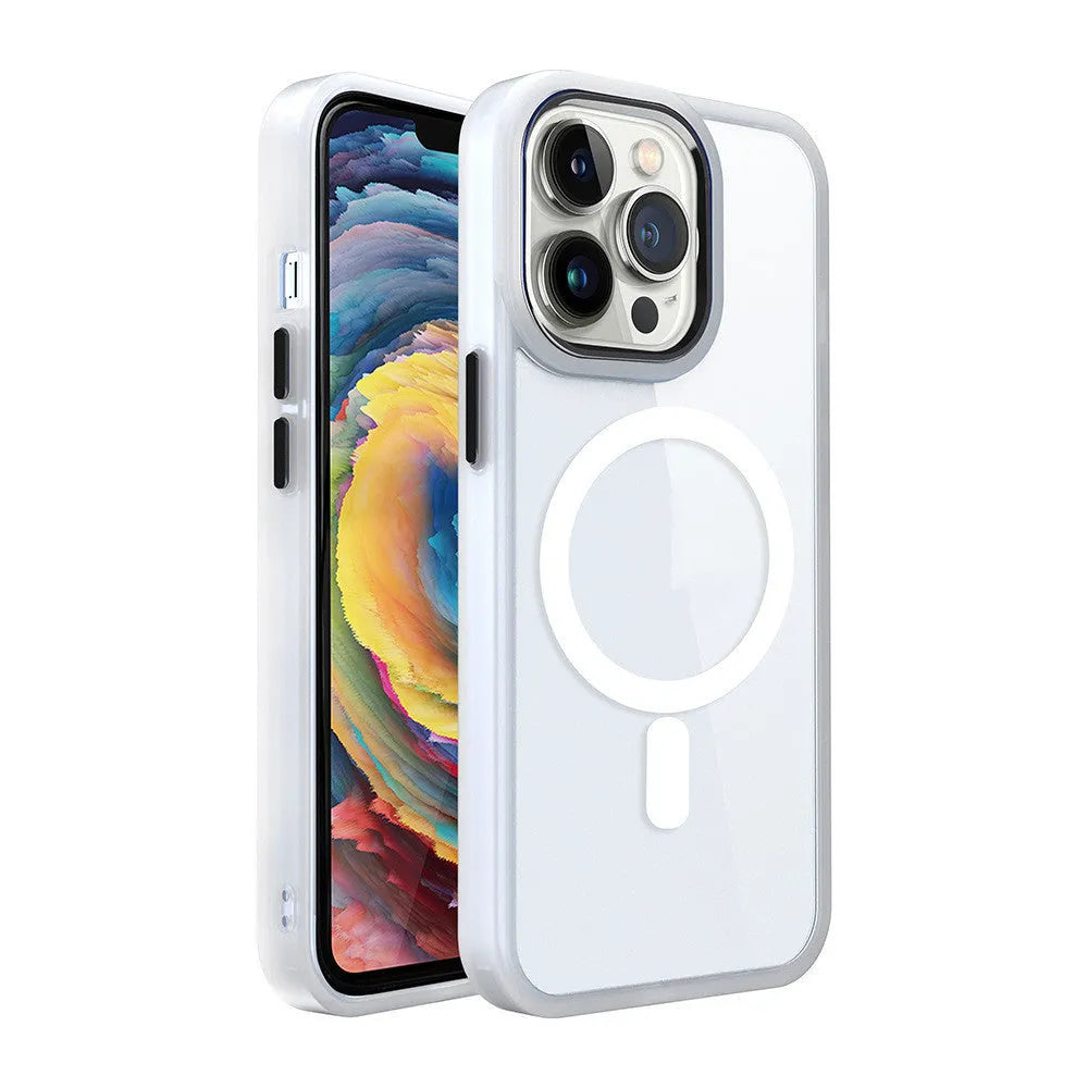 A transparent magnetic silicone phone case for iPhone on a table, shown in a solid colour option.