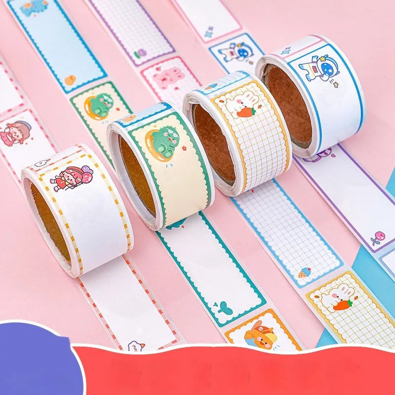 Roll of colourful cartoon name tape stickers showing Dinosaur, Astronaut, Rabbit, and Girl designs