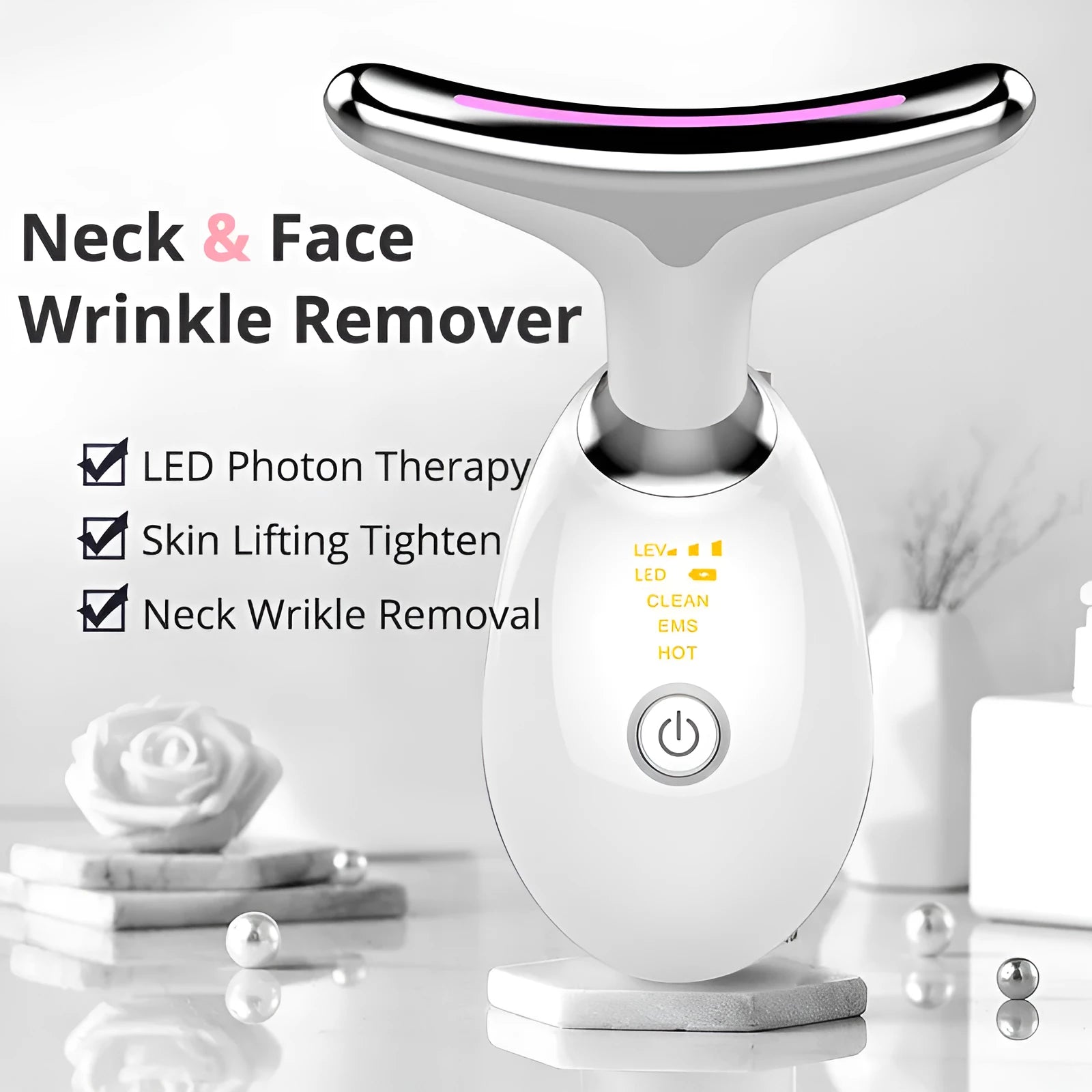 Black and silver EMS thermal neck massager with LED lights for wrinkle reduction and skin tightening