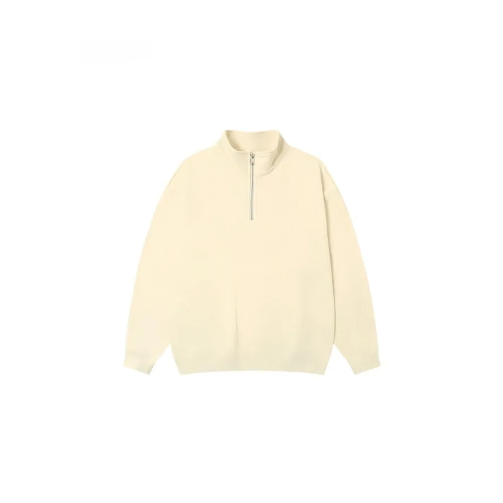 Grey half-zipped cotton sweater with stand collar and long sleeves