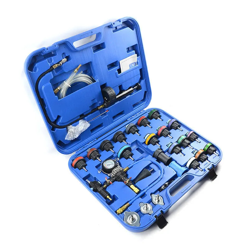 Blue 28-piece automotive radiator pressure tester kit with vacuum purge and refill tools for cooling system diagnostics