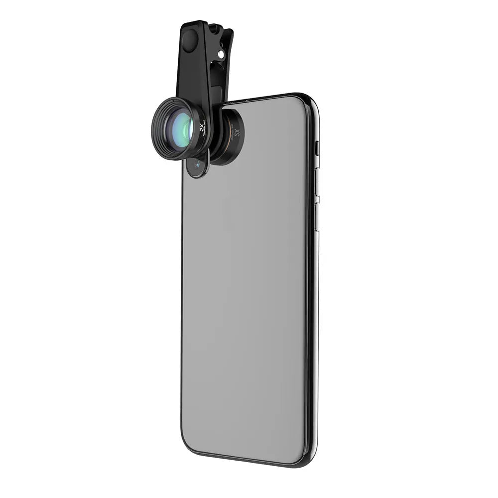 Black 6-in-1 smartphone camera lens kit with fisheye, macro, wide-angle, telephoto, CPL and star filter lenses on universal clip.
