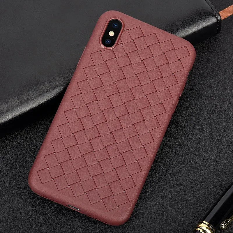 Luxury grid weaving patterned TPU phone case for iPhone shown in available colours with hollow cooling design.