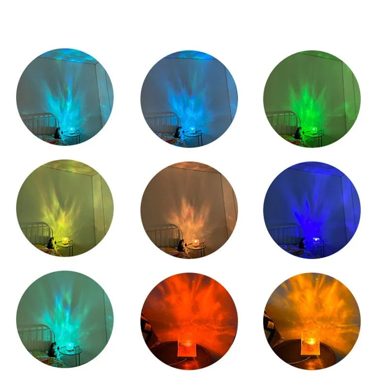 USB-powered crystal table lamp projecting blue water ripple light patterns on a wall