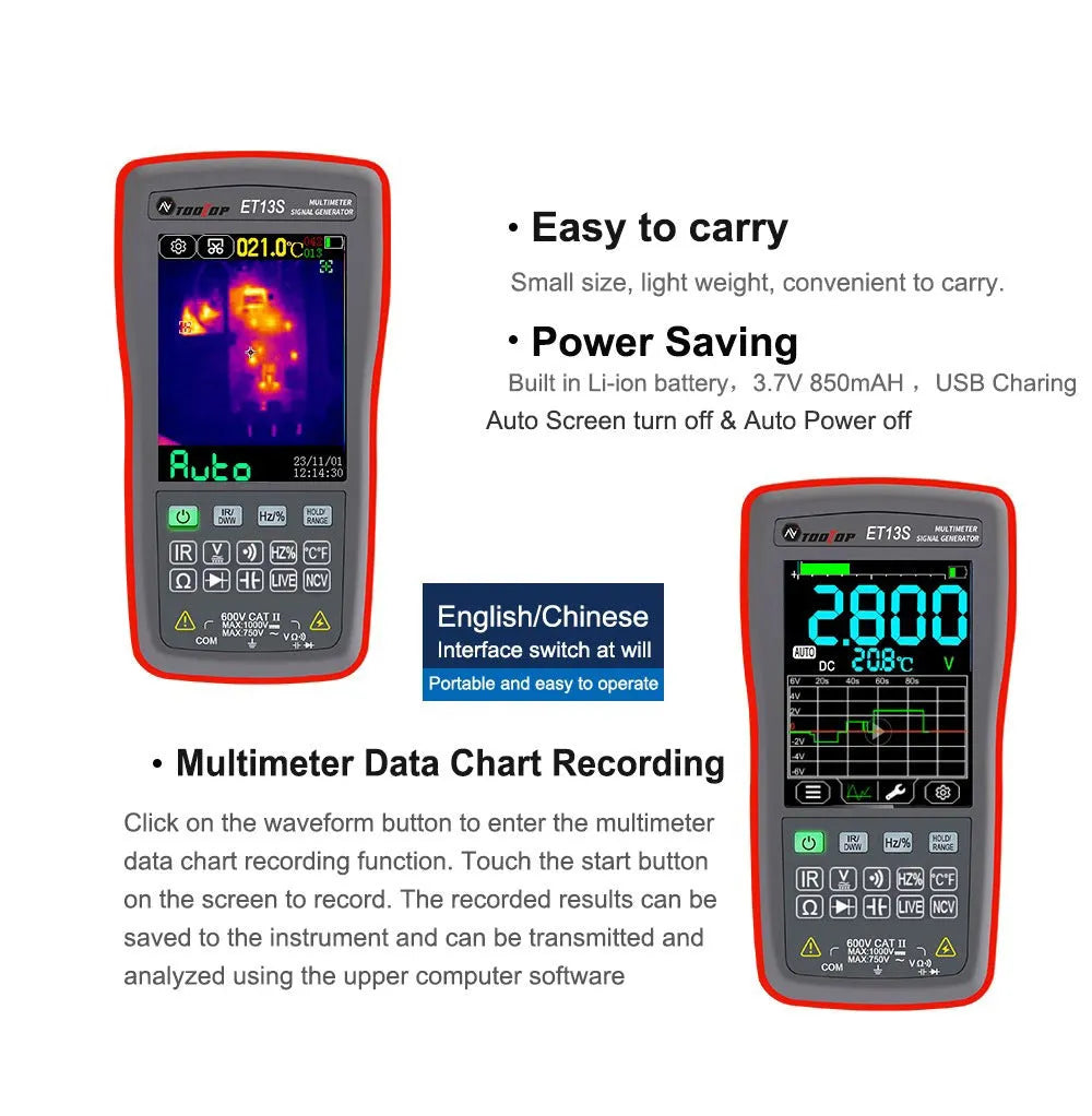 ET13S thermal imaging multimeter showing 192x192 resolution display with touch screen interface