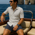 Man wearing a light mature casual beach shirt and shorts set in four-sided elastic fabric.