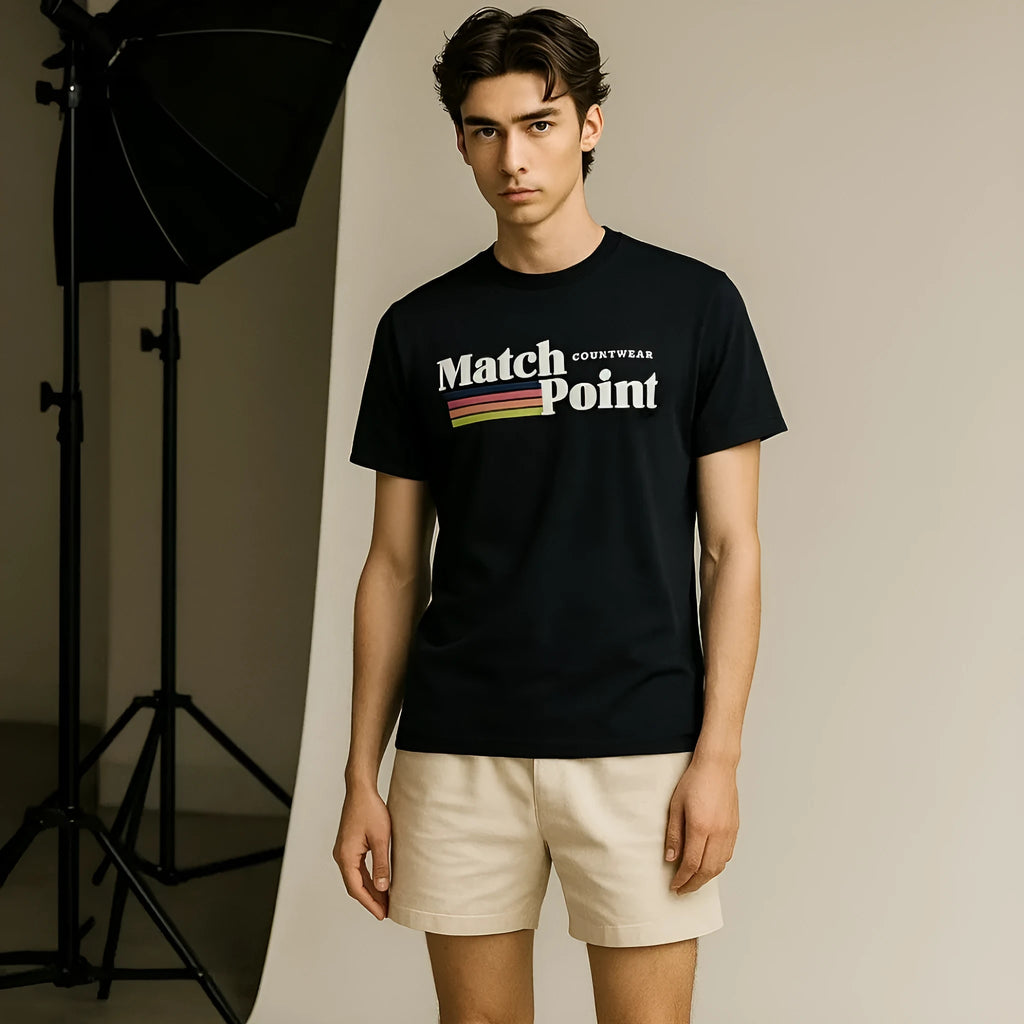 Black men's T-shirt with a 3D digital print pattern, featuring a round neck and short sleeves.