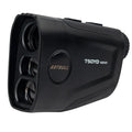 Golf laser rangefinder with LCD display showing distance measurement, featuring slope and flag lock functions.