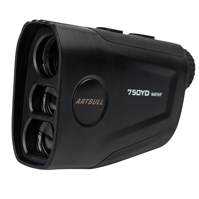 Golf laser rangefinder with LCD display showing distance measurement, featuring slope and flag lock functions.