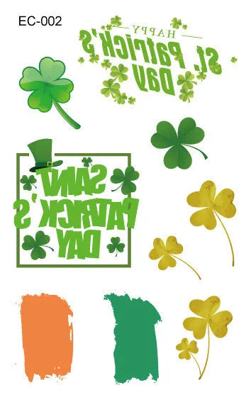 Children's temporary tattoo sticker with St. Patrick's Day clover and Irish flag cartoon design.
