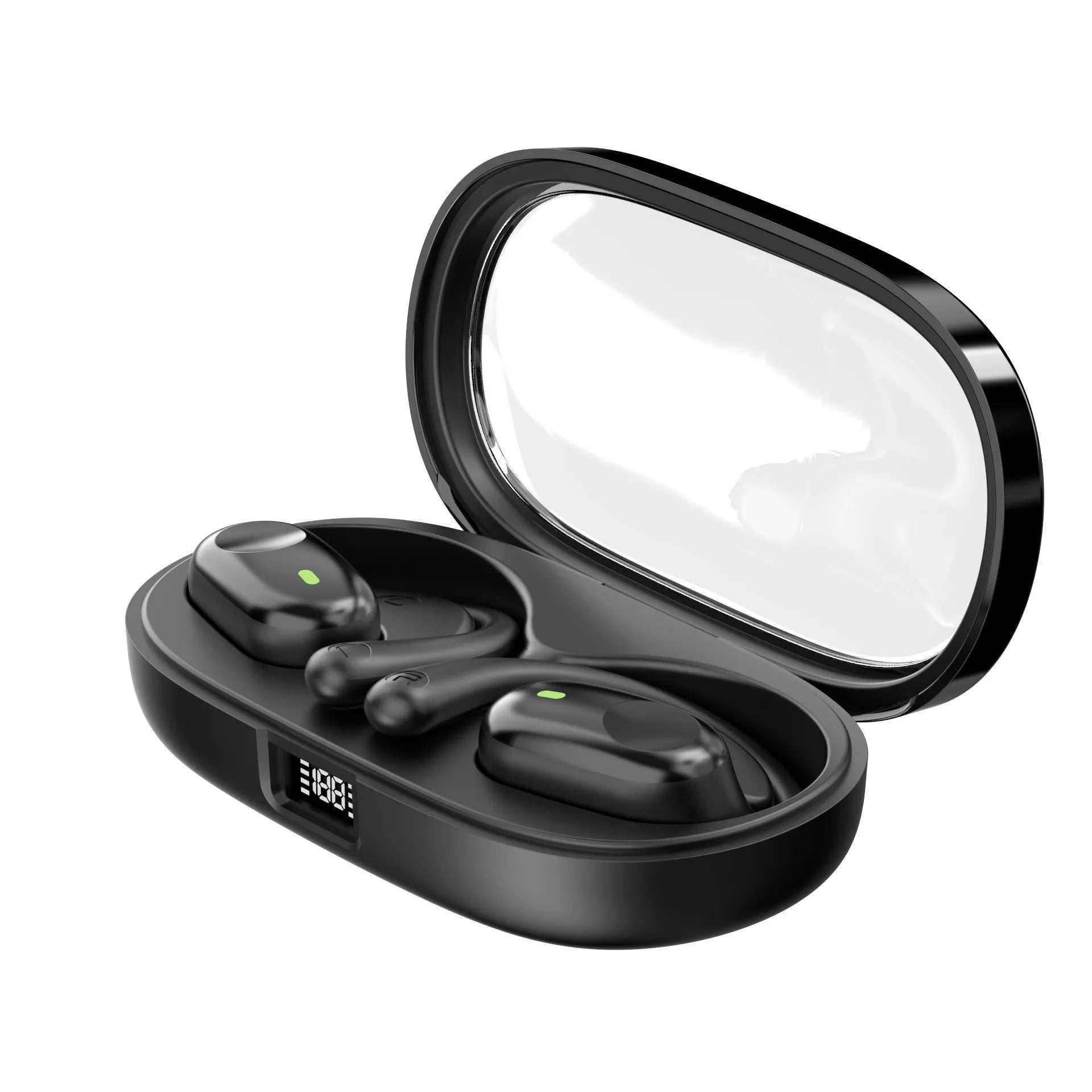 Bone conduction sports headset in black with ear hook design and digital battery display