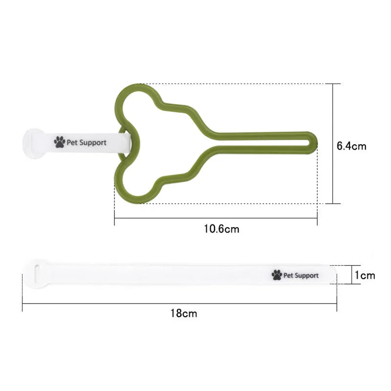 A coloured dog poop bag holder with a Velcro strap attached to a dog lead.