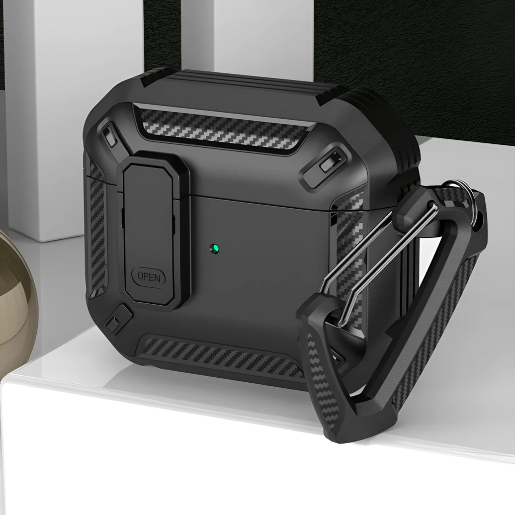 Plastic clamshell protective case for AirPods with an attached hook in two-tone black and yellow.