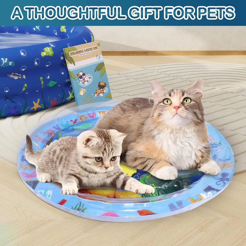 Ocean-themed blue water sensory playmat for cats with floating fish toys inside on a floor