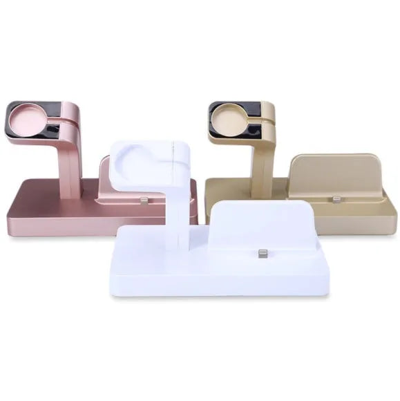 White 2-in-1 charging dock station holding an iPhone and an Apple Watch on a desk.