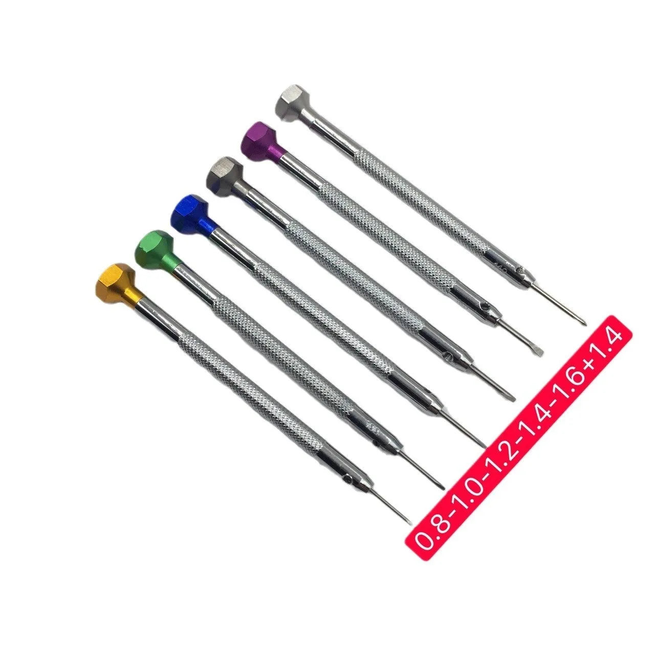 Six colour-coded watch repair screwdrivers with aluminium handles and spring steel cutter heads for precision timepiece maintenance