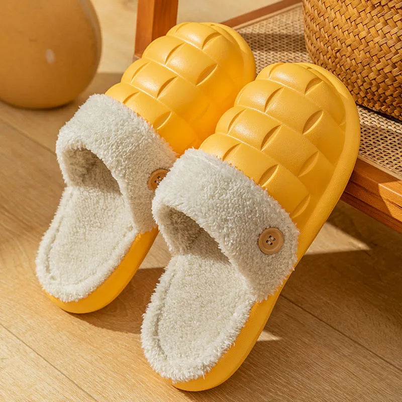 Plaid detachable slippers with anti-skid soles and plush lining in pink, green, yellow, white, grey, or black