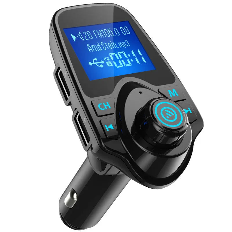 Black car Bluetooth hands-free device with FM transmitter, USB port, and TF card slot for music and calls
