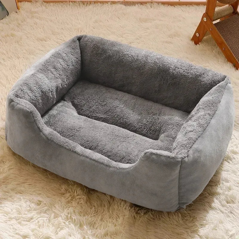 Soft short plush cat bed shown in multiple colours and sizes for kittens, cats, and small dogs.
