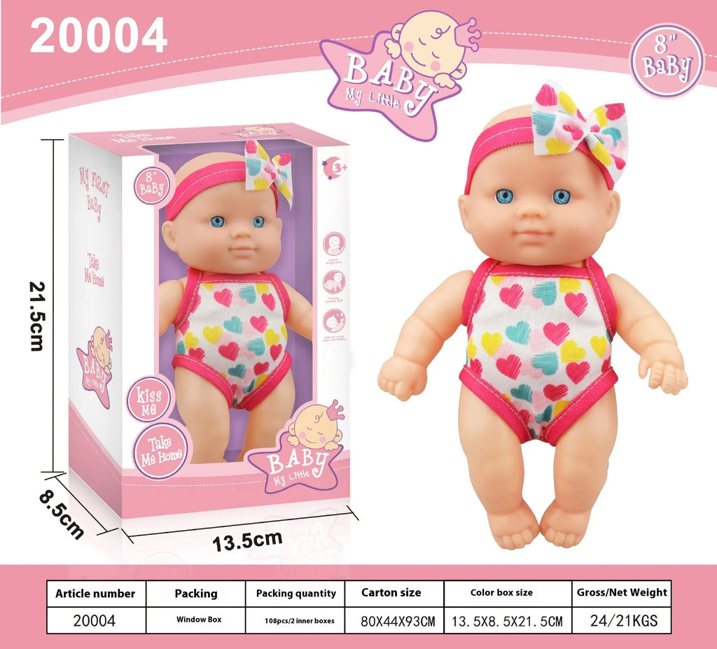 21.5cm tall simulation baby vinyl figurine doll in one of six colour variations on display