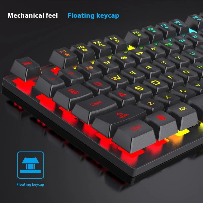 Black 104-key mechanical gaming keyboard with back lighting and matching mouse on desktop