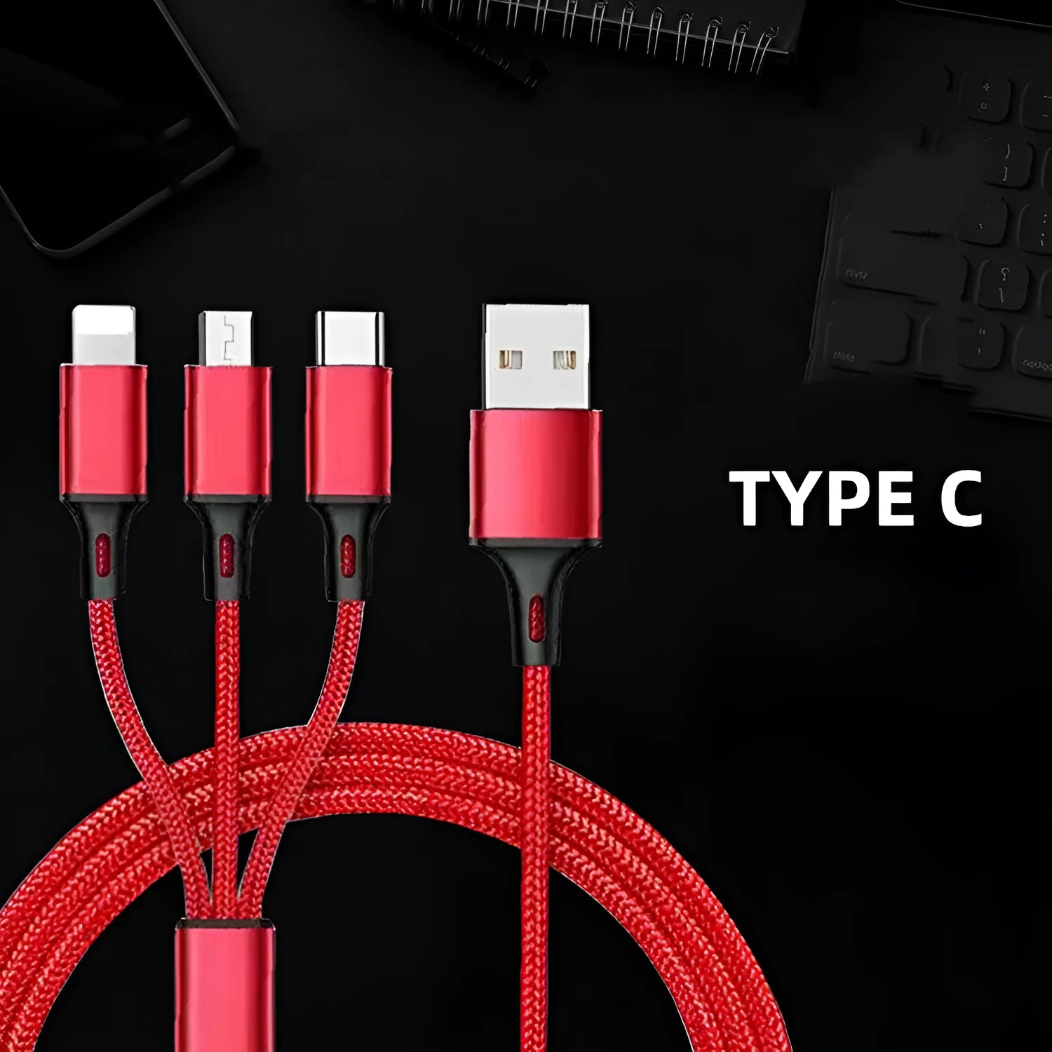 1.2 metre long multi-device charging cable with nylon braid in red, blue, gold, black, silver, and rose gold colours