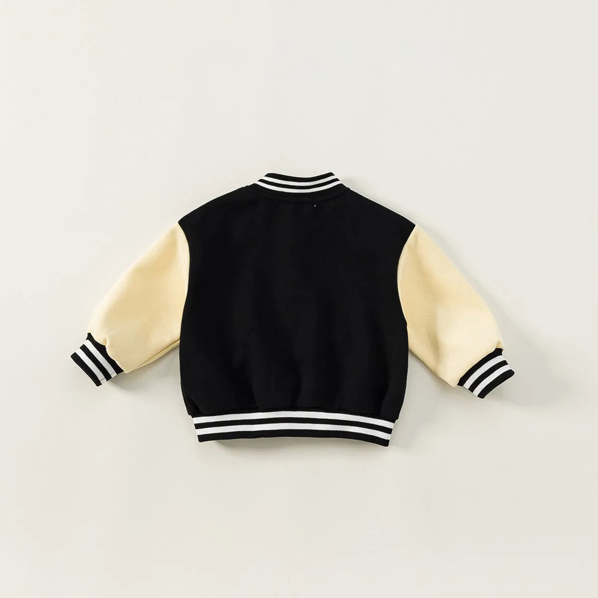 Black thickened velvet winter coat for children with round collar and letters pattern, front view