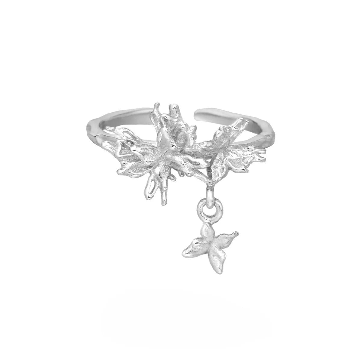 Women's adjustable silver butterfly ring with electroplated white gold or 18K gold colour finish