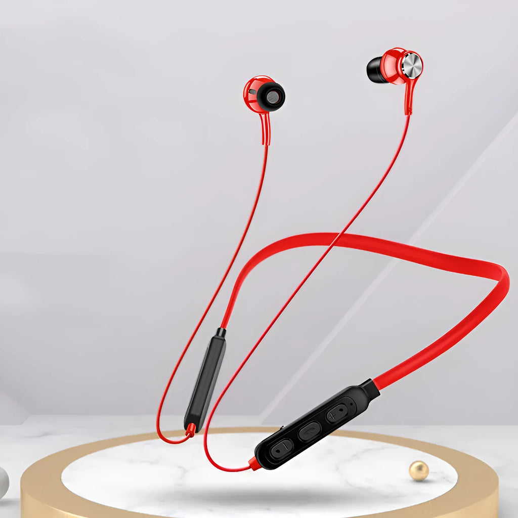 Neckband sports Bluetooth earphones in black, red, or white with earpieces and a USB cable.