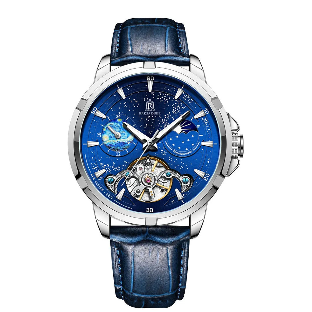 Men's automatic mechanical watch with blue dial and stainless steel case showing analogue display