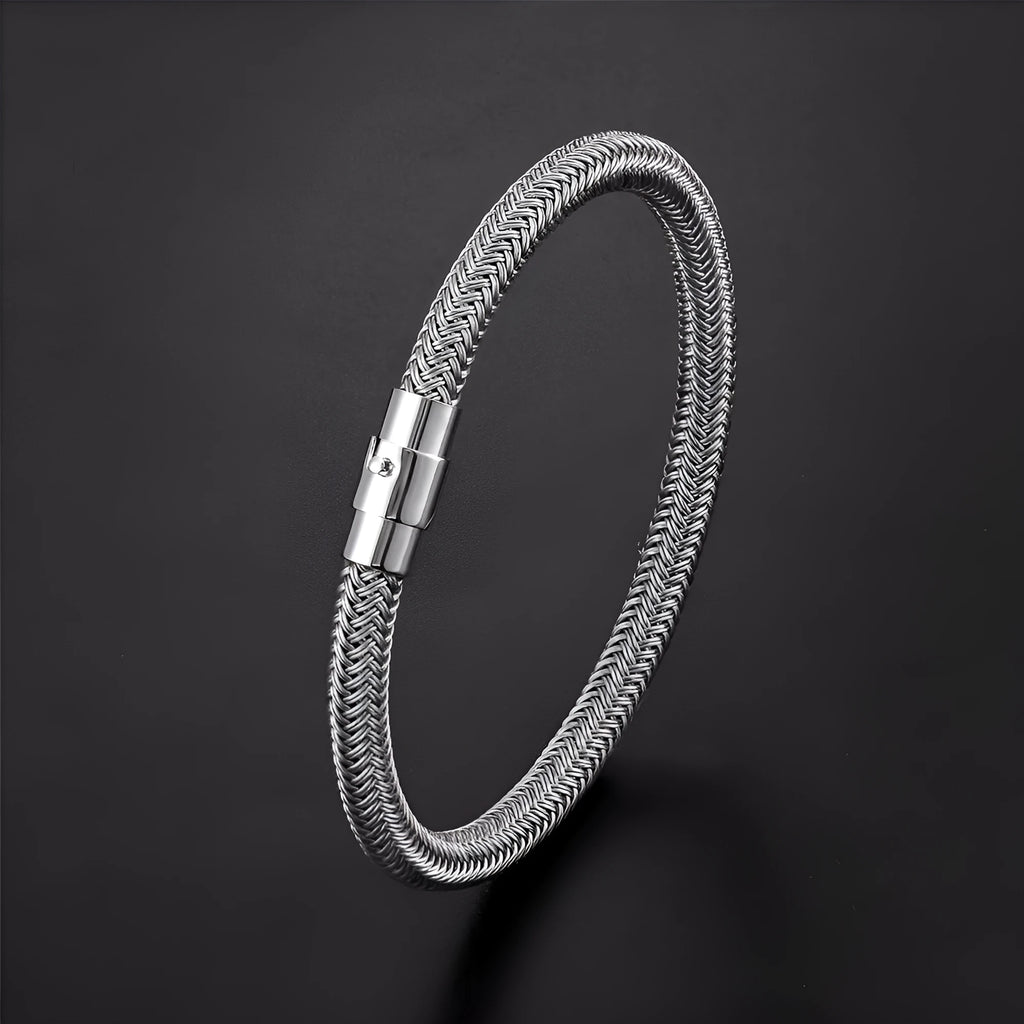Titanium steel geometric wire bracelet with a magnetic clasp shown in multiple colour options.