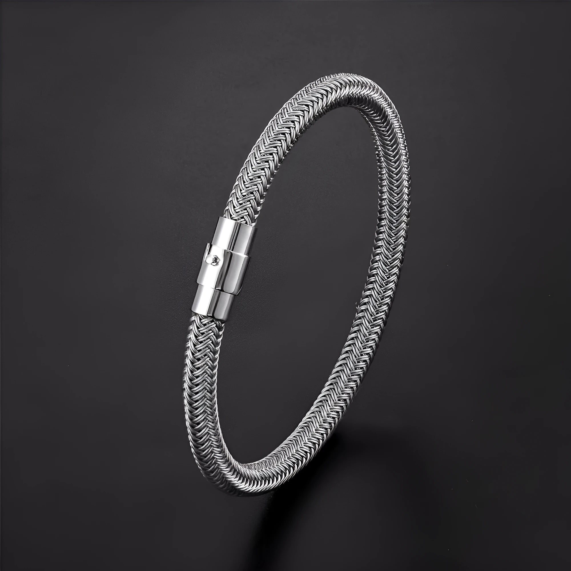Titanium steel geometric wire bracelet with a magnetic clasp shown in multiple colour options.