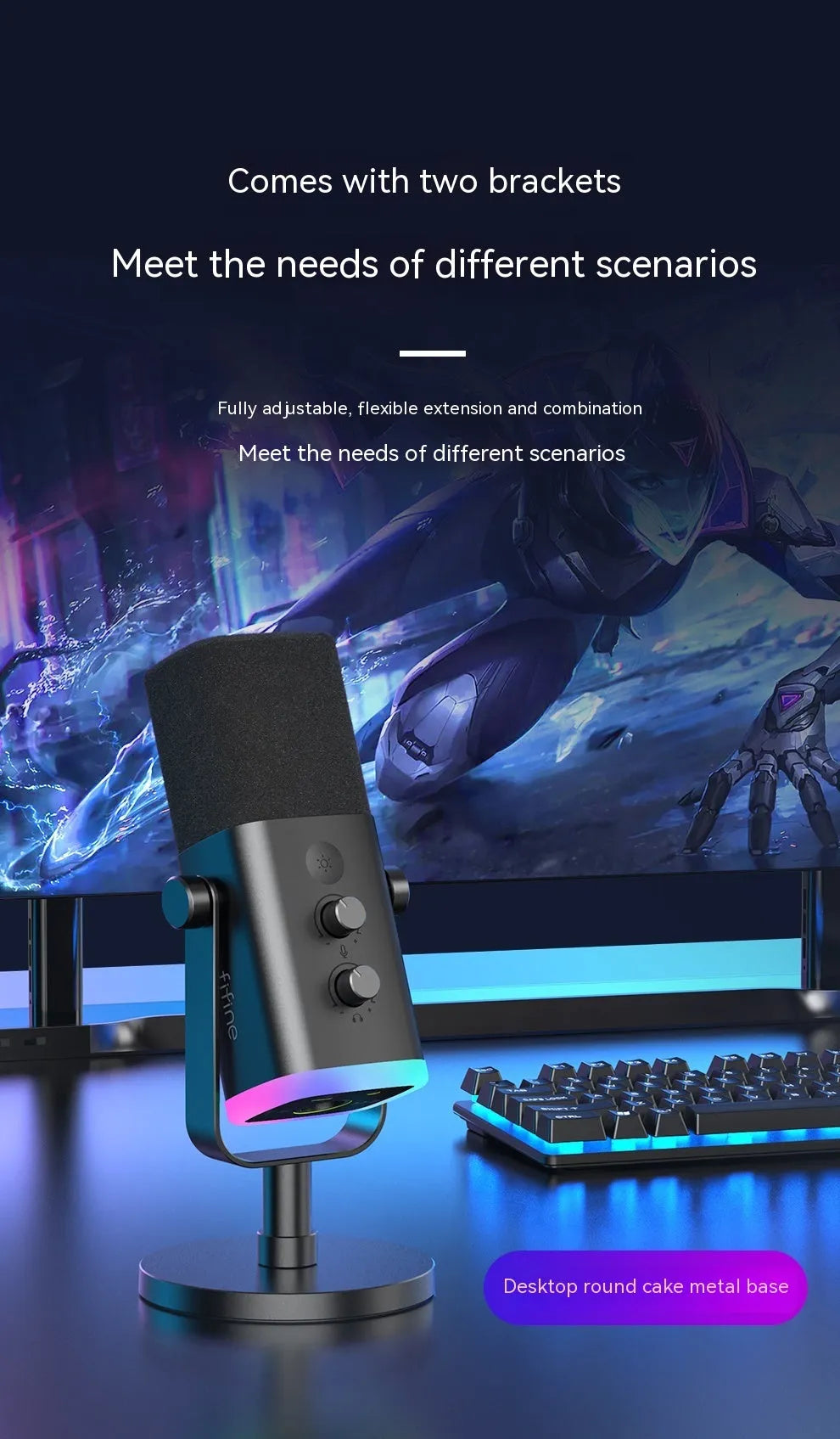 Dynamic noise reduction microphone in black, pink, or white with XLR and USB cables on a desk.
