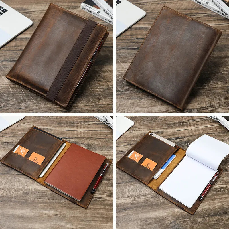 Brown Crazy Horse leather A5 notebook protective sleeve with multiple storage compartments